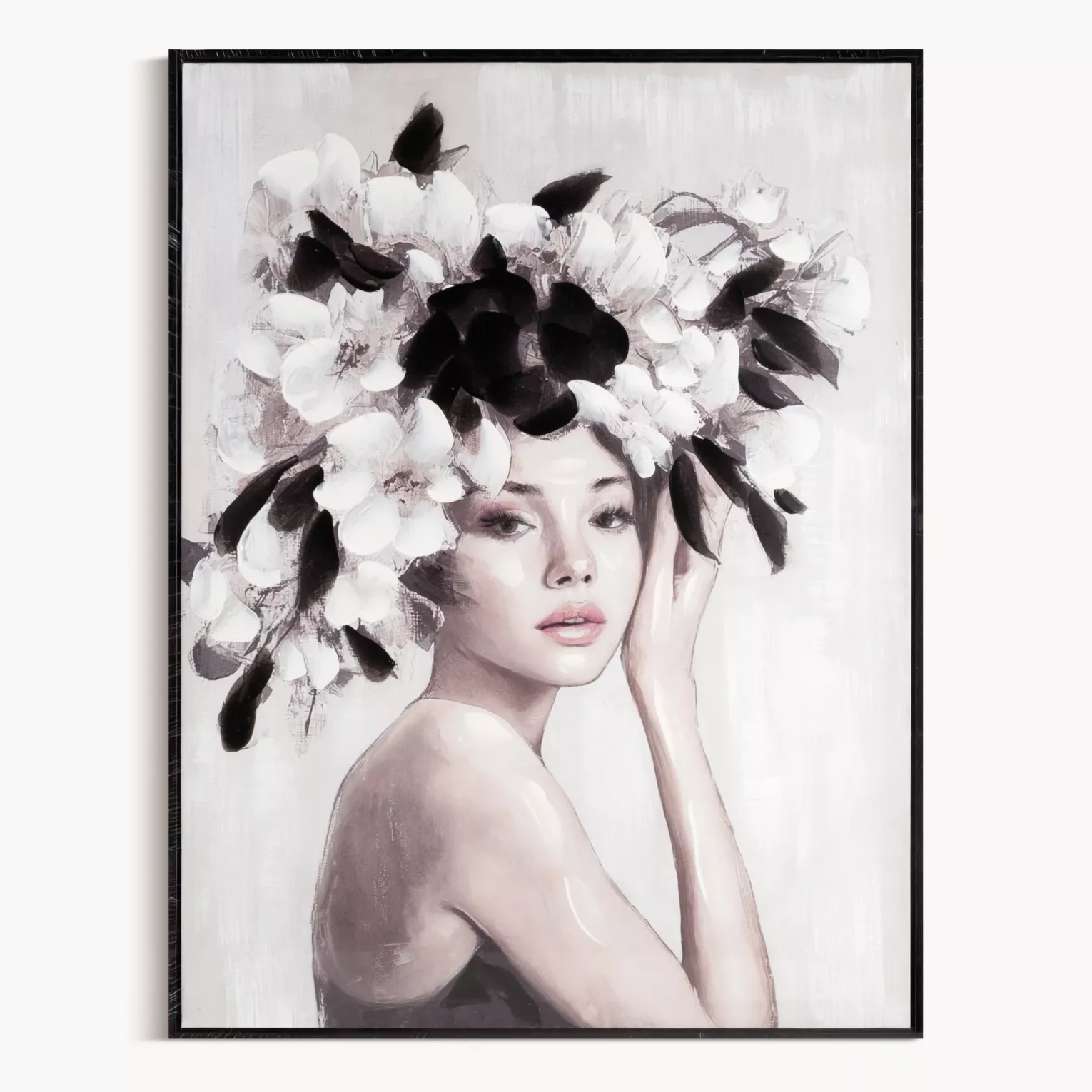 Obraz kremowo, czarny ręcznie malowanej kobiety z kwiatami na płótnie 60x80 cm