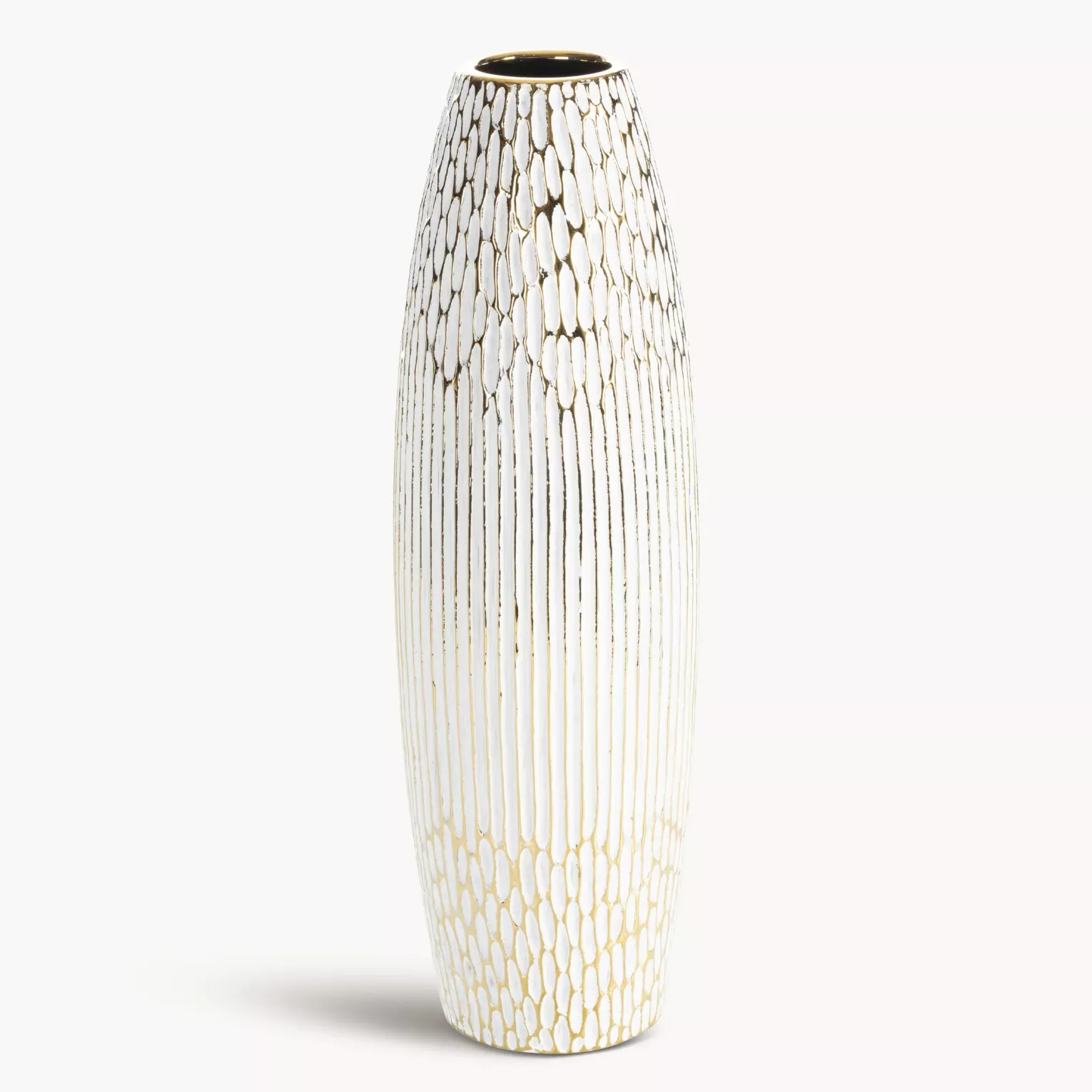 Wazon ceramiczny biało, złoty o ozdobnej fakturze 15x50 cm ANDREA