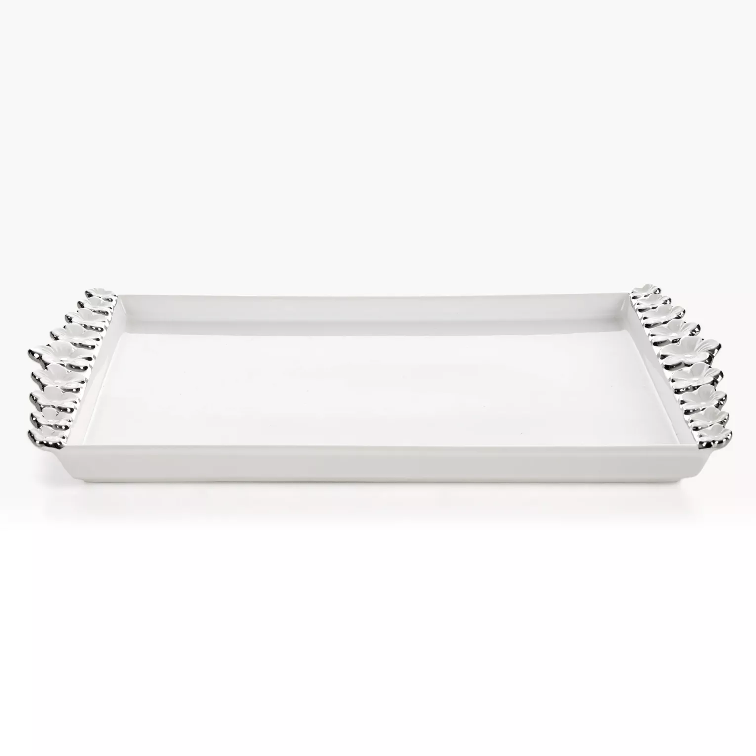 Patera dekoracyjna biało, srebrna zdobiona metalicznymi kwiatami 39x22x3 cm ARIANA