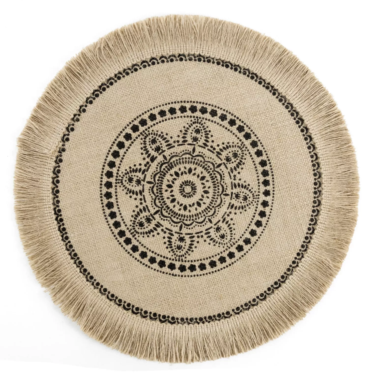 Podkładka na stół naturalna z juty średnica 38 cm ELISA z frędzlami na brzegach w stylu boho