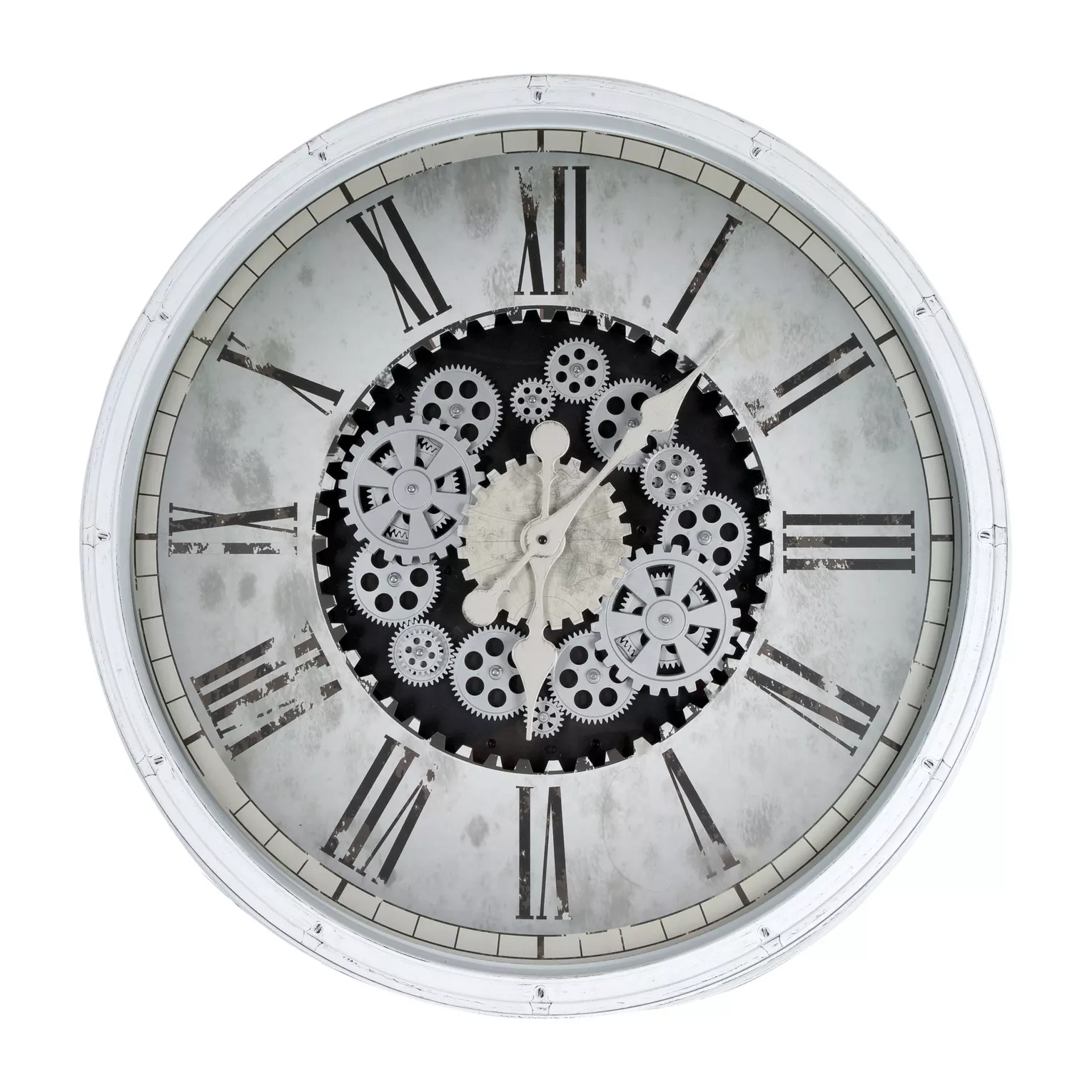 Zegar ścienny biało-czarny w stylu retro z ruchomymi kołami zębatymi średnica 72x8 cm