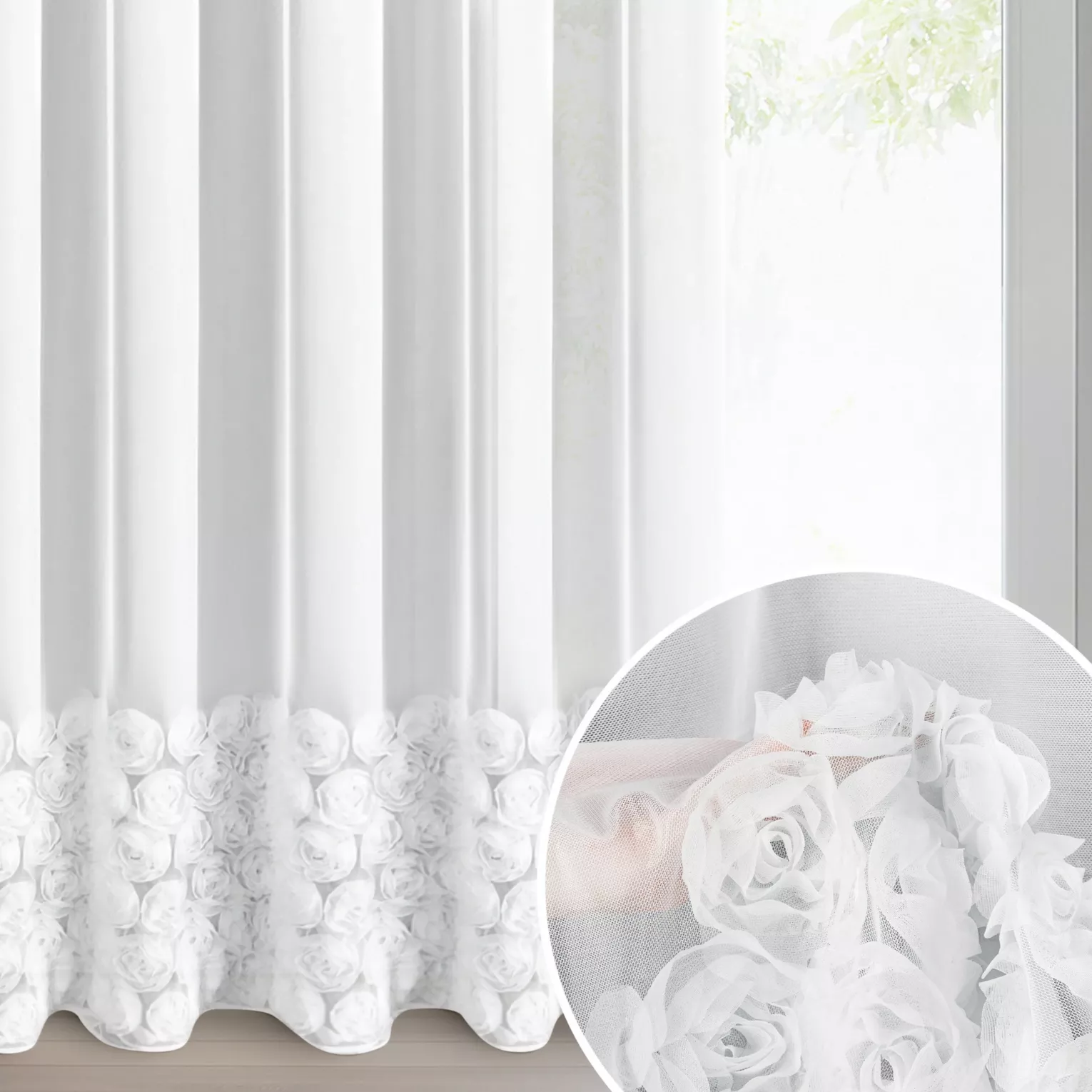 Firana biała z siateczki zdobiona aplikacją 3D w róże 140x270 cm taśma - ROSES3 - Eva Minge