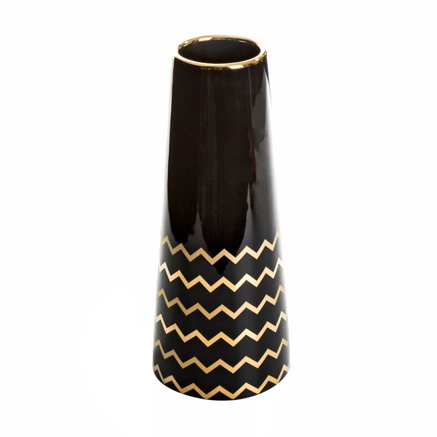 Wazon ceramiczny czarno-złoty zdobiony geometrycznym wzorem średnica 12x30 cm