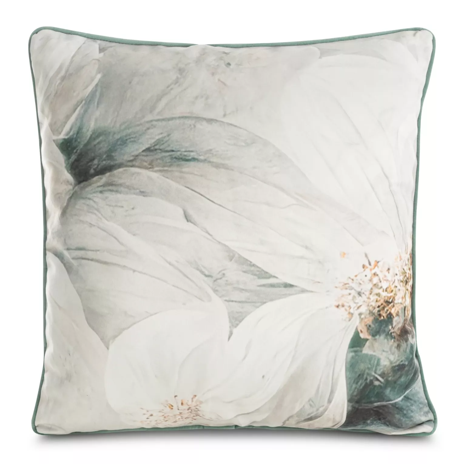 Poszewka na poduszkę 60x60 cm welwetowa, beżowo turkusowa z designerskim nadrukiem kwiatów i ozdobną wypustką EVA 5 Eva Minge