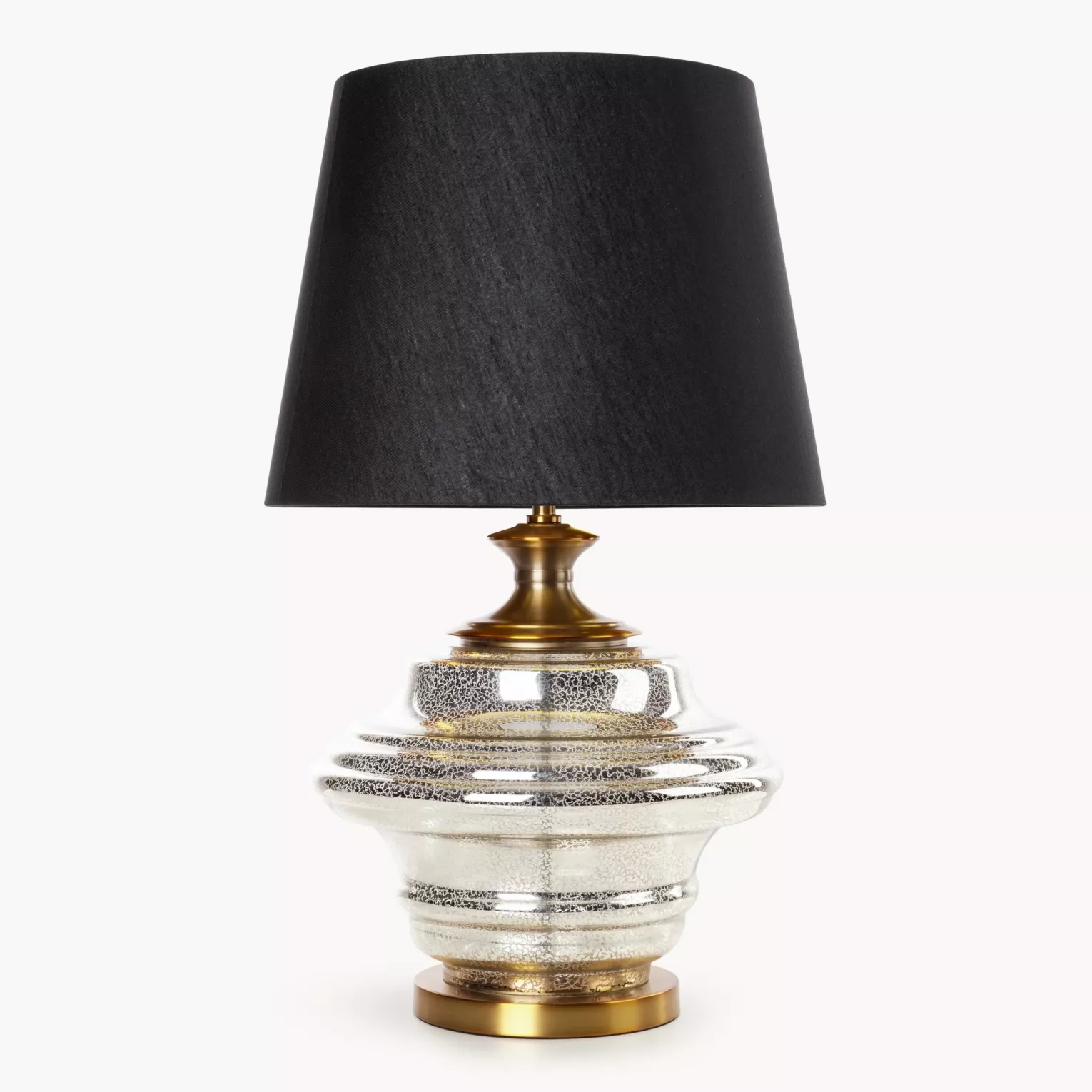 Lampa stołowa do salonu czarno, złota  zdobiona szklaną podstawą i lekko szenilowym abażurem 46 x 78 cm AMARI