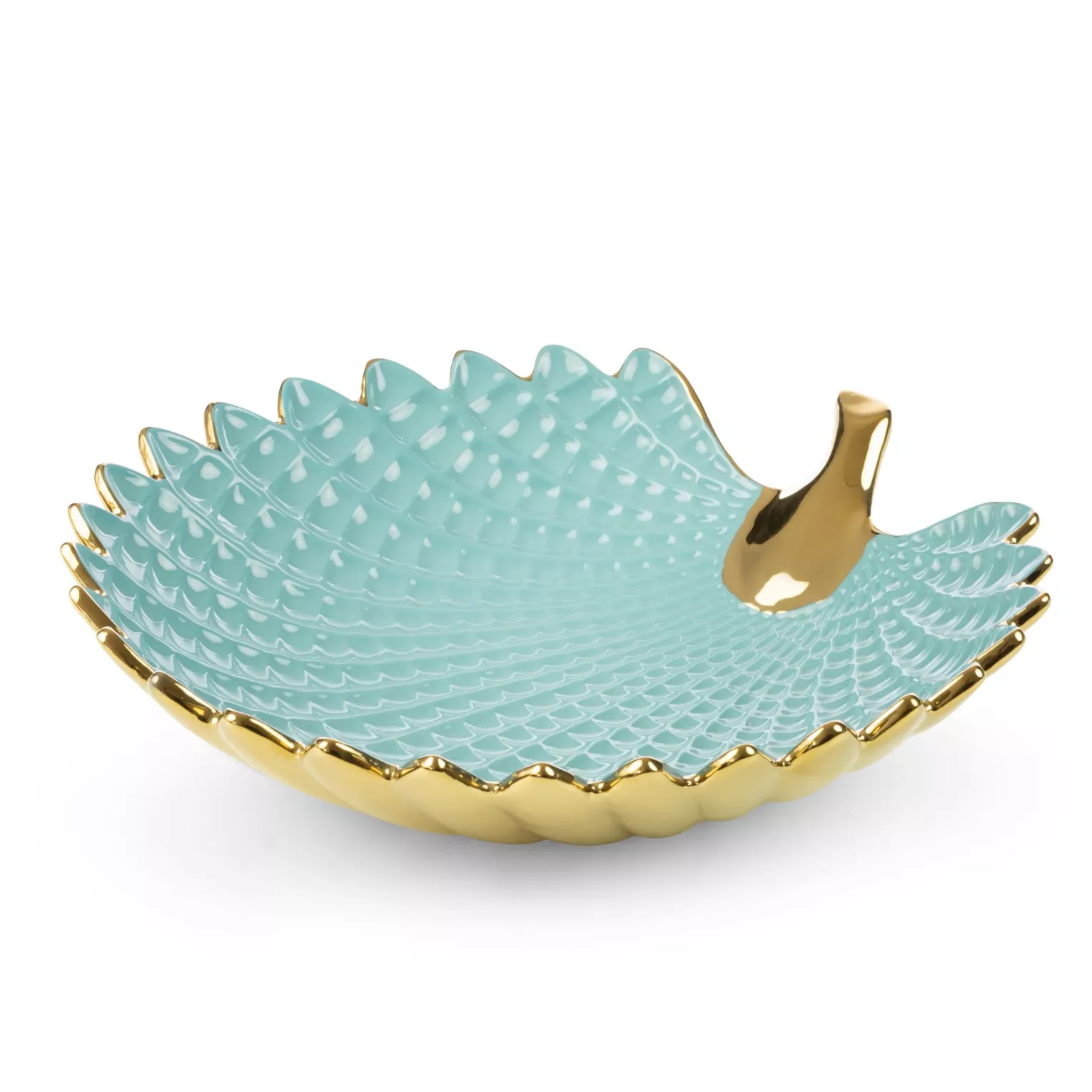 Patera ceramiczna dekoracyjna jasnoniebiesko-złota  w formie liścia 33x33x8 cm HIRAL