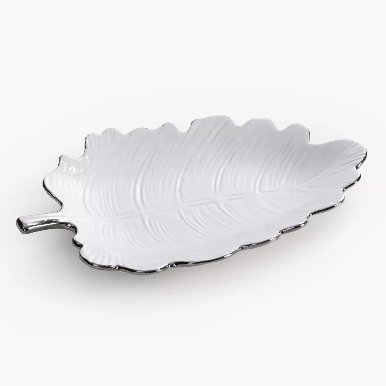 Patera ceramiczna dekoracyjna biało-srebrna  w kształcie liścia 30x14x4 cm ALMA 1