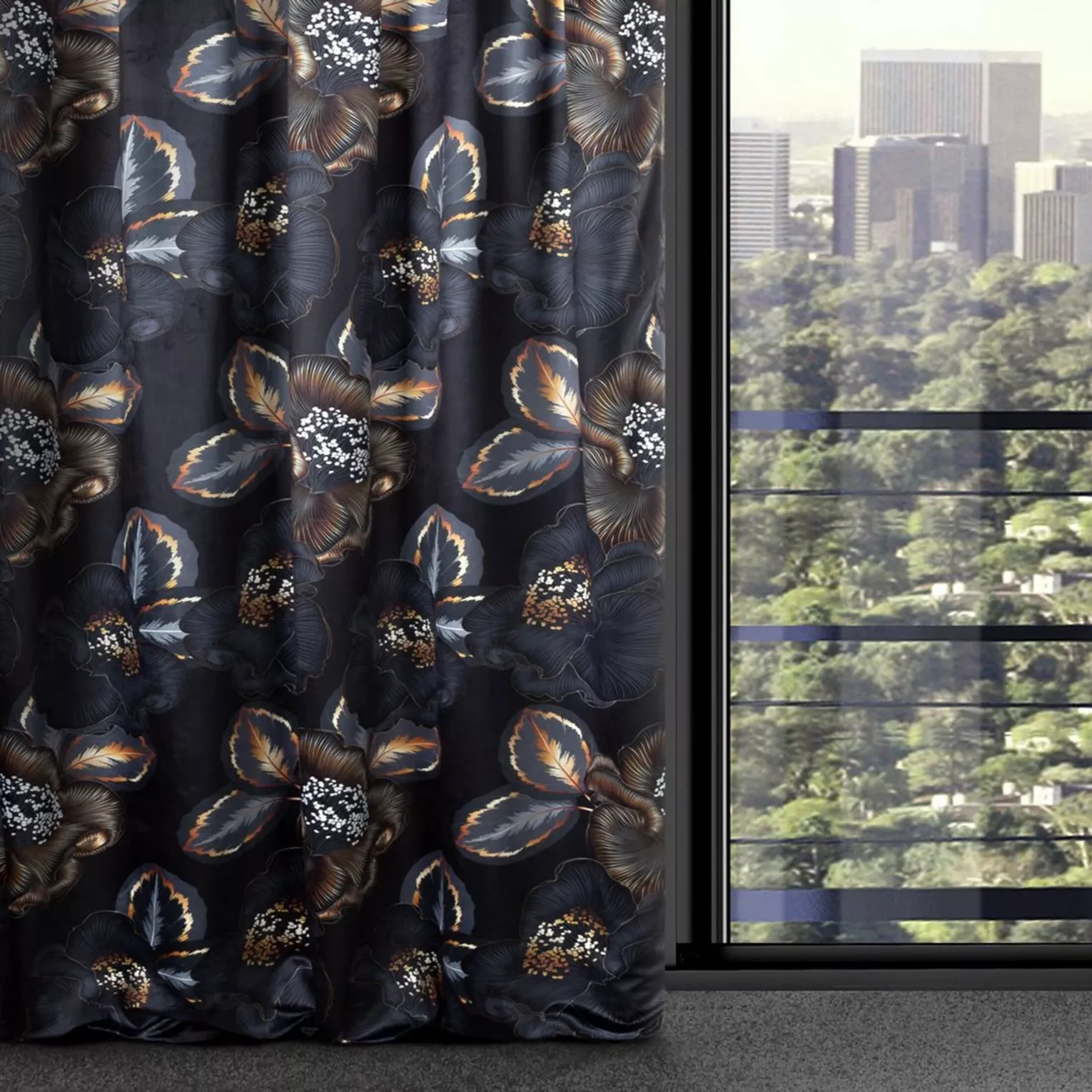 Zasłona czarno, popielata z tkaniny welwetowej 140x270 cm taśma - PEONIA 2 - Limited Collection