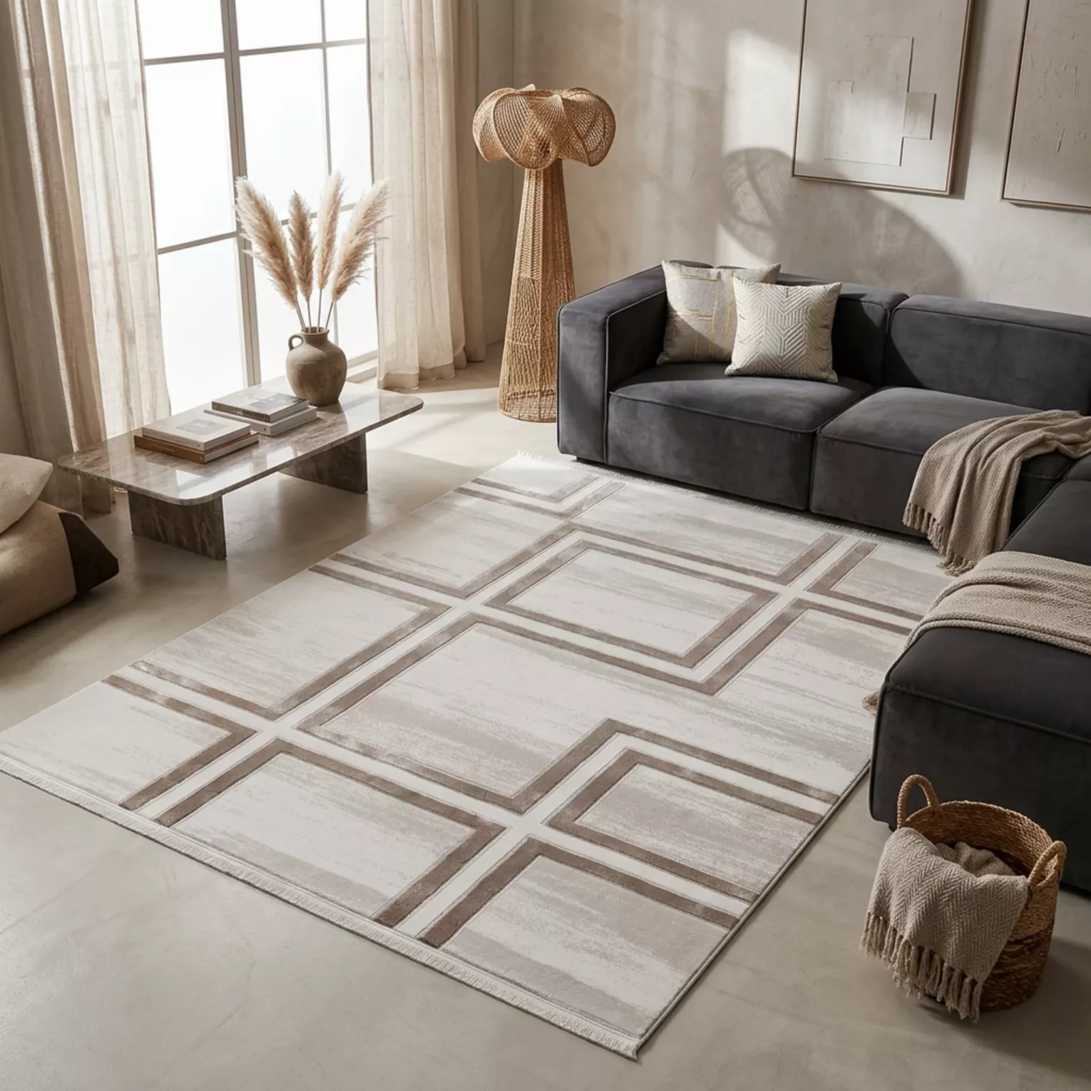 Dywan 60x100 cm jasnokremowo, beżowy zdobiony geometrycznym wzorem AURA 12