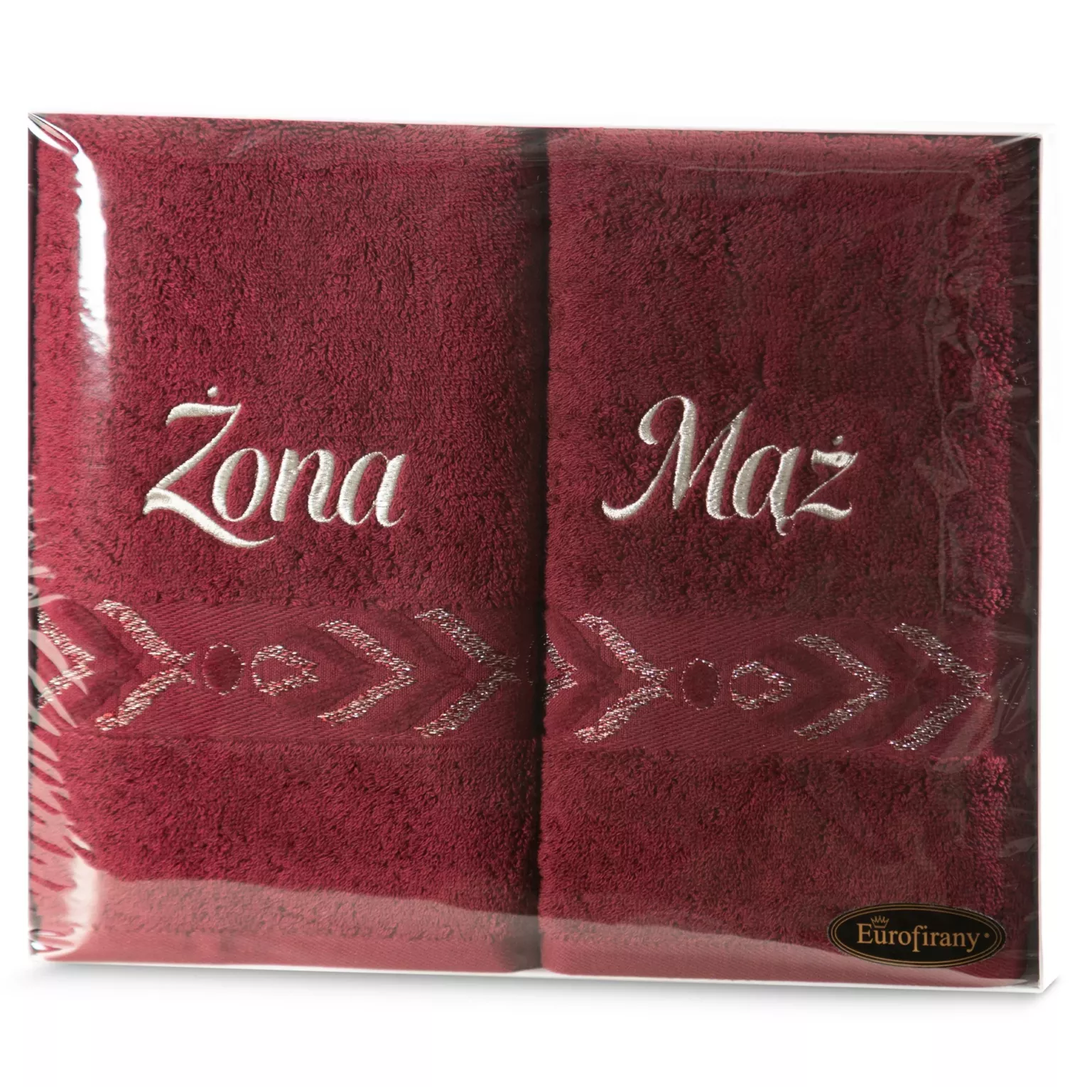 Zestaw ręczników bawełnianych na prezent 2 szt 50x90 cm kolor bordowy z ozdobnym haftem ŻONA MĄŻ