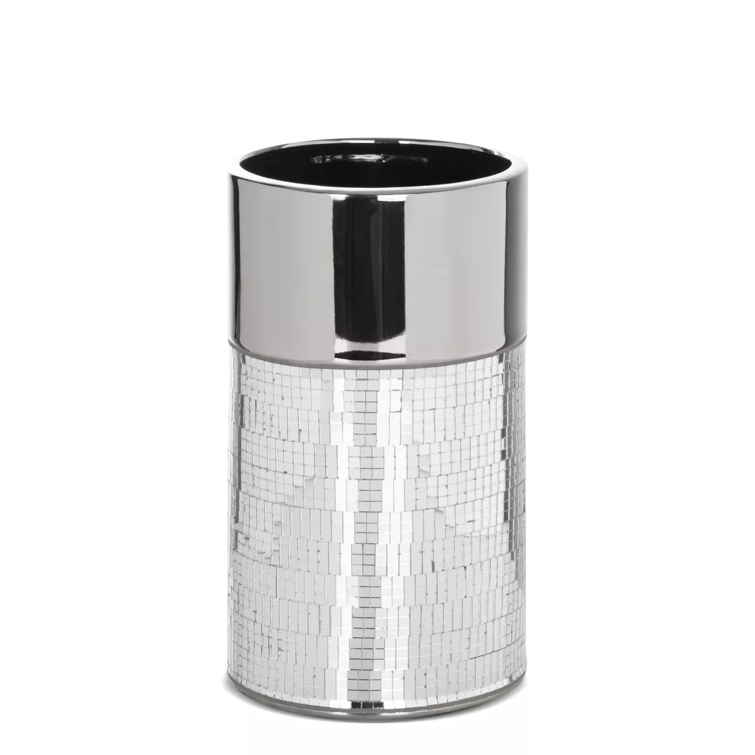 Wazon ceramiczny srebrny  zdobiony drobnymi witrażowymi lusterkami średnica 14x25 cm  MIRONA