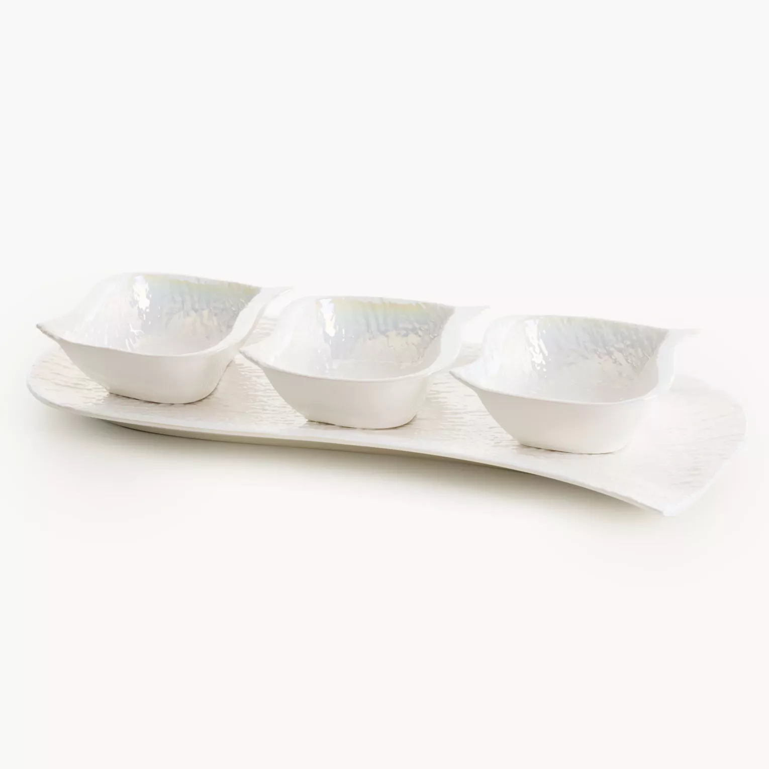 Patera ceramiczna dekoracyjna perłowa komplet z trzema miseczkami z wypukłym wzorem 18x41x6,5 cm NINA