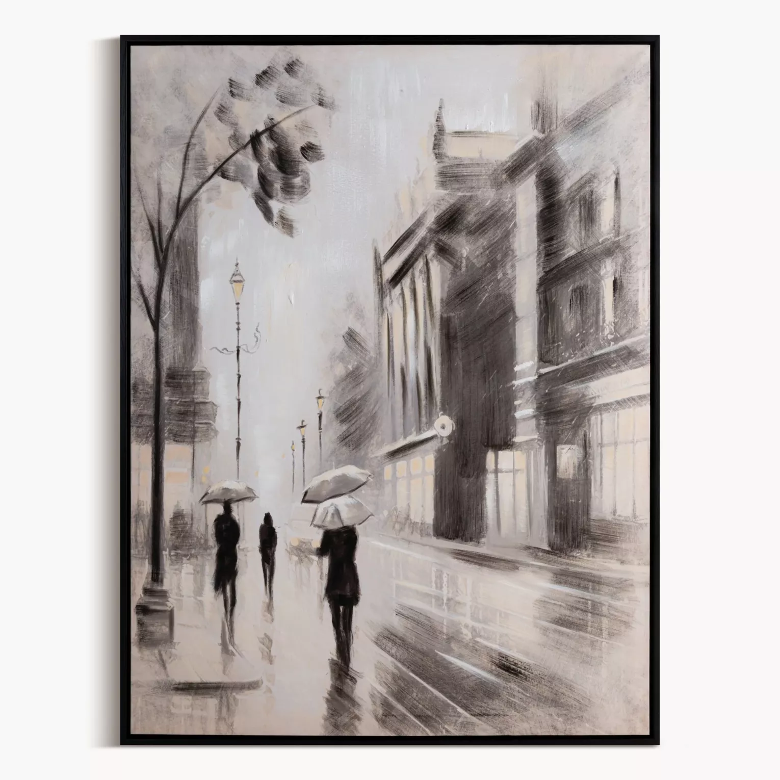 Obraz miasta ciemnoszaro, czarny malowany ręcznie na płótnie, oprawiony w ramę 60x80 cm