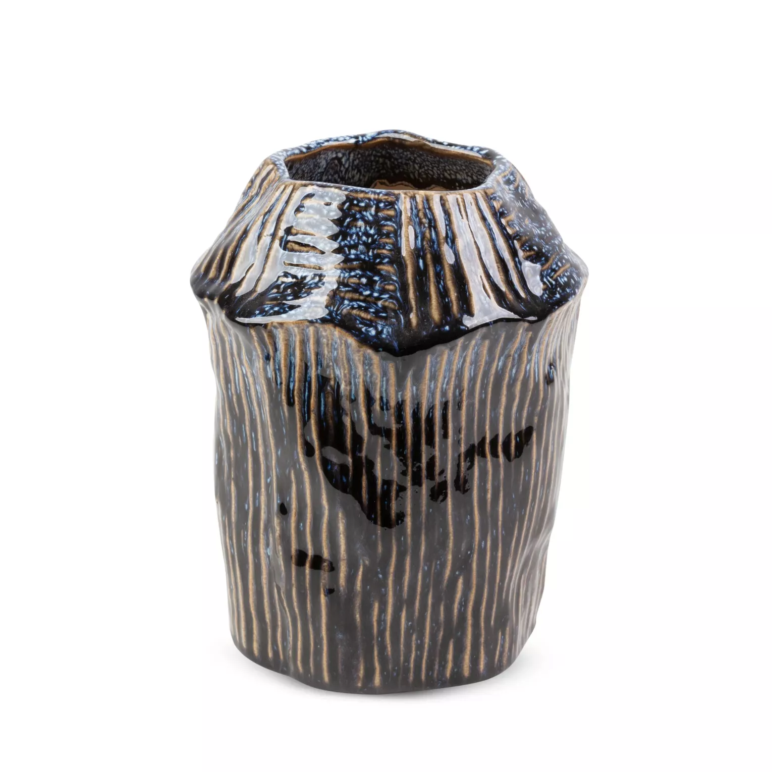 Wazon ceramiczny granatowo-beżowy o nieregularnym kształcie w stylu boho średnica 16x21 cm ALDA
