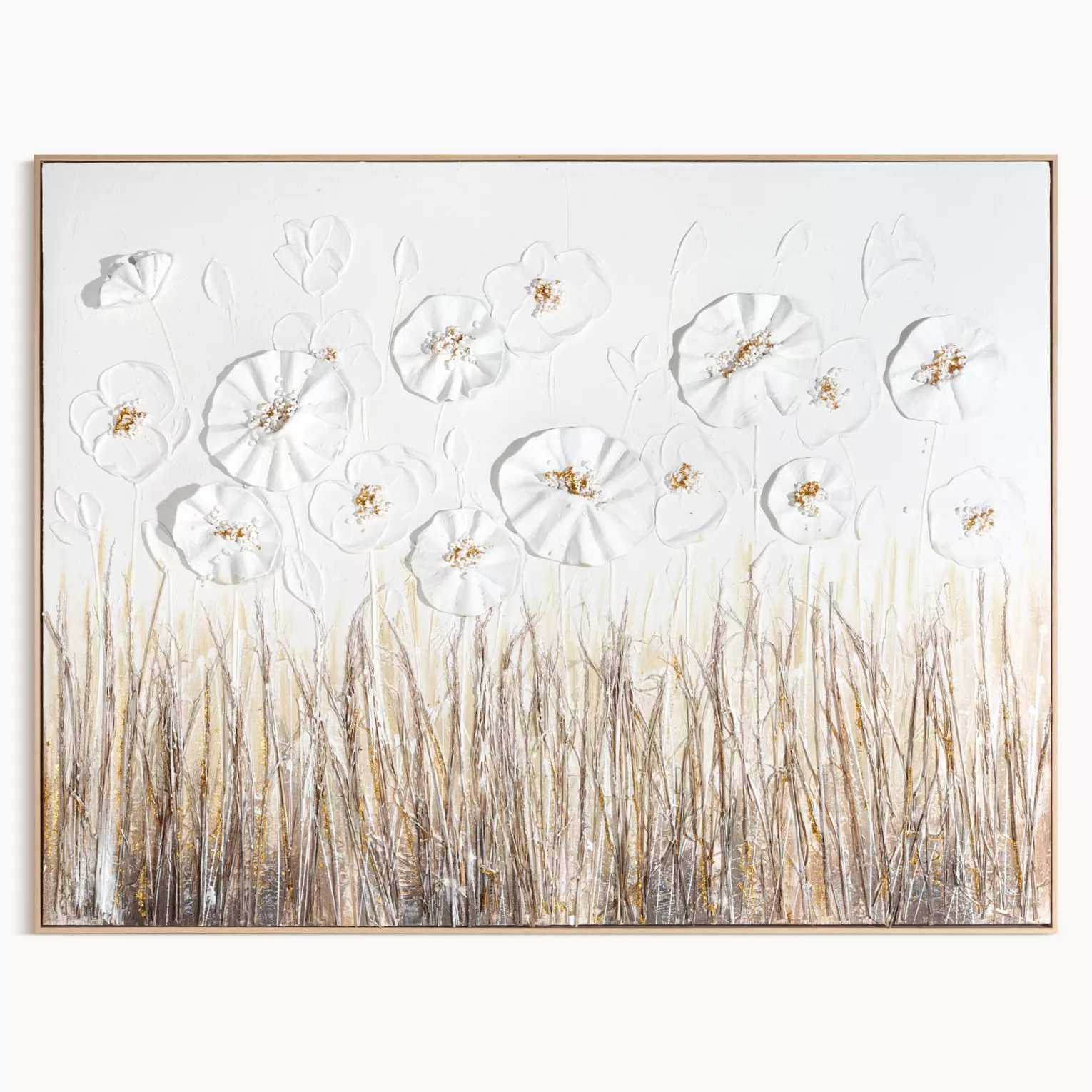 Obraz w trójwymiarowe kwiaty kremowo, złoty ręcznie malowany na płótnie oprawiony w ramę 122x92 cm