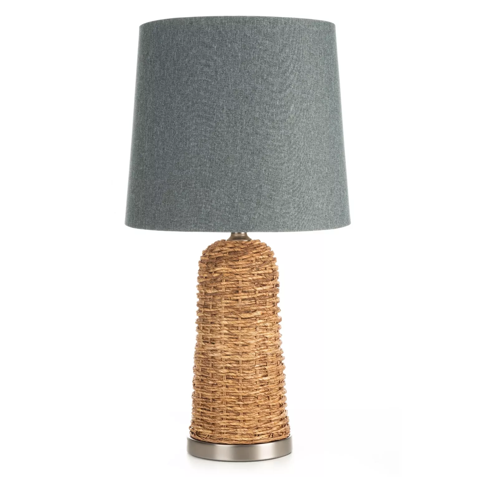 Lampa stołowa do kuchni szaro, jasnobrązowa  w stylu boho z plecionej podstawy i matowego abażuru 32 x 71 cm ARLO