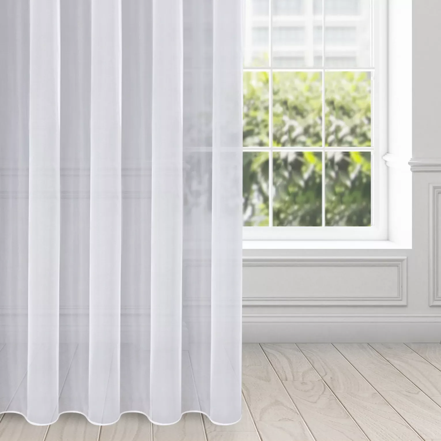 Firana biała z gładkiego mlecznego woalu wykończona szwem obciążającym VIOLET 300x270 cm flex 1:2