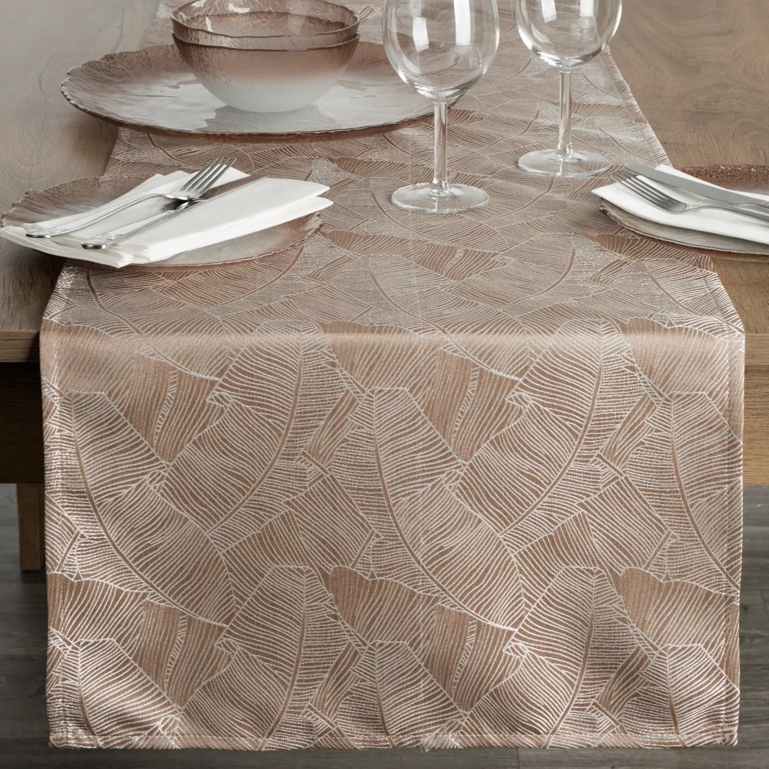 Bieżnik na stół ciemnobeżowo, biały 40x140 cm ISLA z żakardowym wzorem liści bananowca