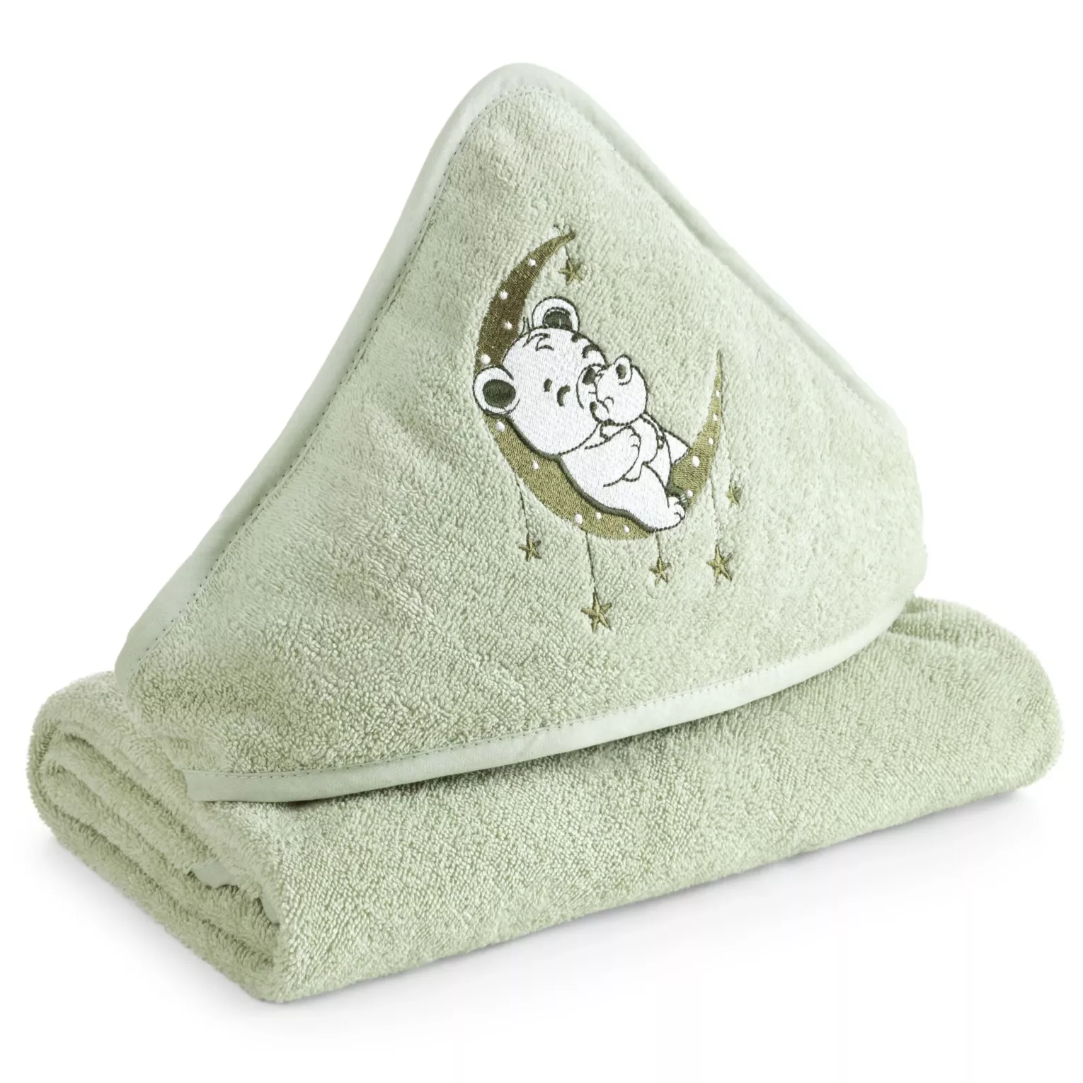 Ręcznik kąpielowy 100x100 cm bawełniany kolor miętowy z kapturem i aplikacją misia 450 g/m2 BABY 74