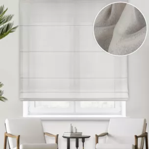 Roleta rzymska jasnokremowa z półmatowej etaminy z efektem melanżu, wykończona obciążnikiem