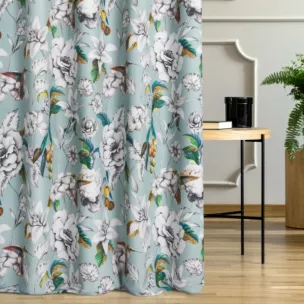 Zasłona szyta na taśmie 5 cm miętowo grafitowa z tkaniny o naturalnym splocie z nadrukowanym kwiatowym wzorem