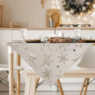 Obrus świąteczny 85x85 cm beżowo, szampański welwetowy zdobiony śnieżynkami