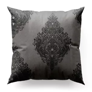 Poszewka szyta popielata z tkaniny w klasyczny wzór ornamentowy z drobnym błyszczącym akcentem
