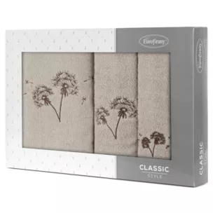 Zestaw ręczników bawełnianych na prezent 3 szt kolor beżowy, brązowy z haftem kwiatów 400 g/m2 MOLI