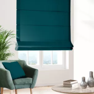 Roleta rzymska turkusowa o naturalnym, gęstym splocie w stylu eko