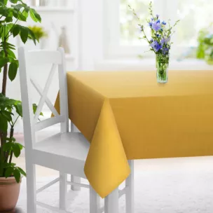 Obrus szyty musztardowy z miękkiej tkaniny o naturalnym splocie w stylu ekologicznym