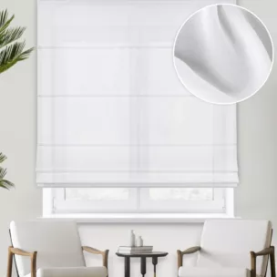 Roleta rzymska biała z jedwabiście miękkiej matowej krepy, wykończona obciążnikiem