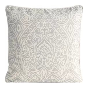 Poszewka na poduszkę 50x50 cm bawełniana z dodatkiem lnu beżowo, stalowa zdobiona wzorem ornamentu  LEN