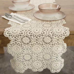 Bieżnik na stół 35x140 cm beżowy zdobiony haftem - IRINA