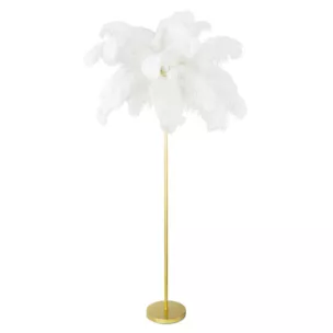 Lampa stojąca do salonu biało, złota FERI na metalowej podstawie z efektownym abażurem z naturalnych strusich piór