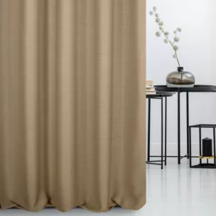 Zasłona szyta na flexach ciemnobeżowa z miękkiej tkaniny o naturalnym splocie w stylu ekologicznym