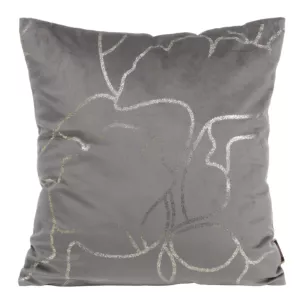 Poszewka na poduszkę 45x45 cm welwetowa szara z błyszczącym nadrukiem liści miłorzębu BLINK 35
