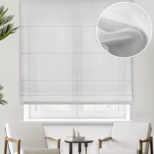 Roleta rzymska biała półprzezroczysta, matowa, z tkaniny typu batyst o niestandardowej wysokości 340cm, wykończona obciążnikiem