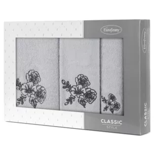 Zestaw ręczników bawełnianych na prezent 3 szt kolor srebrny, stalowy z haftem kwiatów 400 g/m2 MELANI