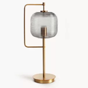 Lampa stołowa do pokoju złoto, grafitowa ARON z tłoczonym szklanym abażurem - kolekcja VULCANO