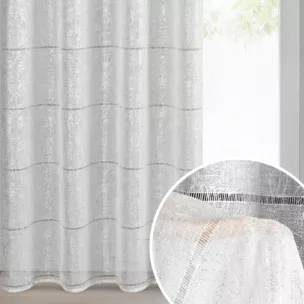 Firana biało, srebrna zdobiona ażurowymi paskami i roślinnym nadrukiem 140x250 cm przelotka - KATY