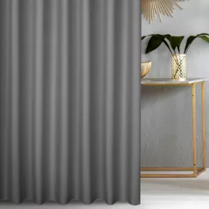 Zasłona szyta na taśmie 5 cm popielata z gładkiej tkaniny zaciemniającej typu dimout wykończona obciążnikiem