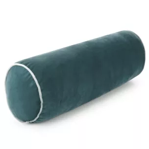 Poduszka dekoracyjna wałek 15 x 45 cm welwetowa ciemnoniebieska zdobiony kontrastującą lamówką GAJA