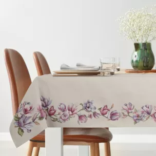 Obrus naturalno, różowy 140x180 cm gobelinowy zdobiony motywem kwiatów magnolii