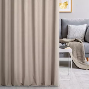 Zasłona szyta na taśmie 5 cm ciemnobeżowa z miękkiej tkaniny o naturalnym splocie w stylu ekologicznym