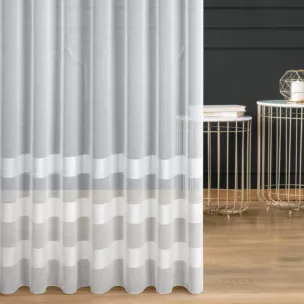 Firana szyta na taśmie 5 cm naturalna z etaminy zdobionej poziomymi pasami, wykończona obciążnikiem Italissima Eva Minge