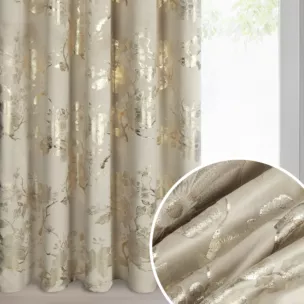 Zasłona beżowo, szampańska zdobiona nadrukiem błyszczących kwiatów 140x270 cm taśma - CELIA
