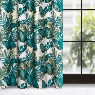 Zasłona welwetowa biało, zielona ze wzorem egzotycznych liści 140x270 cm taśma - DAVOS