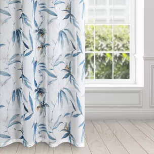 Firana biało, niebieska z etaminy z nadrukiem egzotycznych liści półprzezroczysta 140x250 cm przelotka