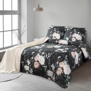 Pościel 140x200 cm bawełna ranforce kolor czarny, szałwiowy z motywem kwiatów ROSITA 1