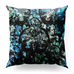 Poszewka szyta czarno turkusowa z grubej welwetowej tkaniny w duży ornamentowy wzór
